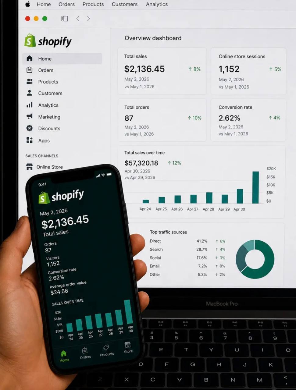 Store owner checking their sales dashboard on a phone
